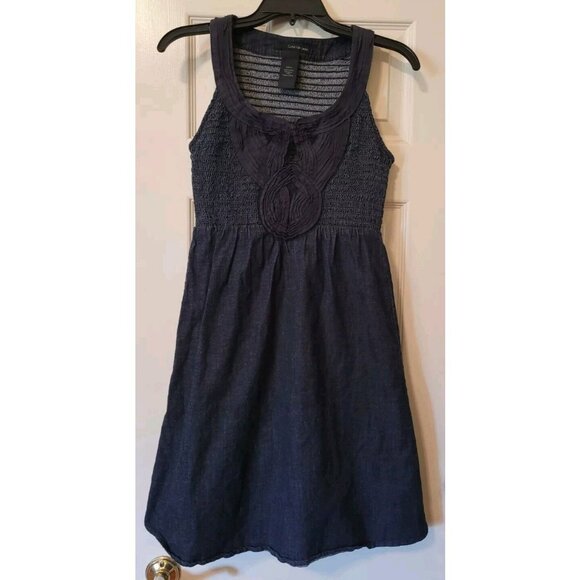 Calvin Klein Jeans Denim Dress Smocked Bodice A-Line Skirt Sleeveless Size Small - Picture 1 of 5